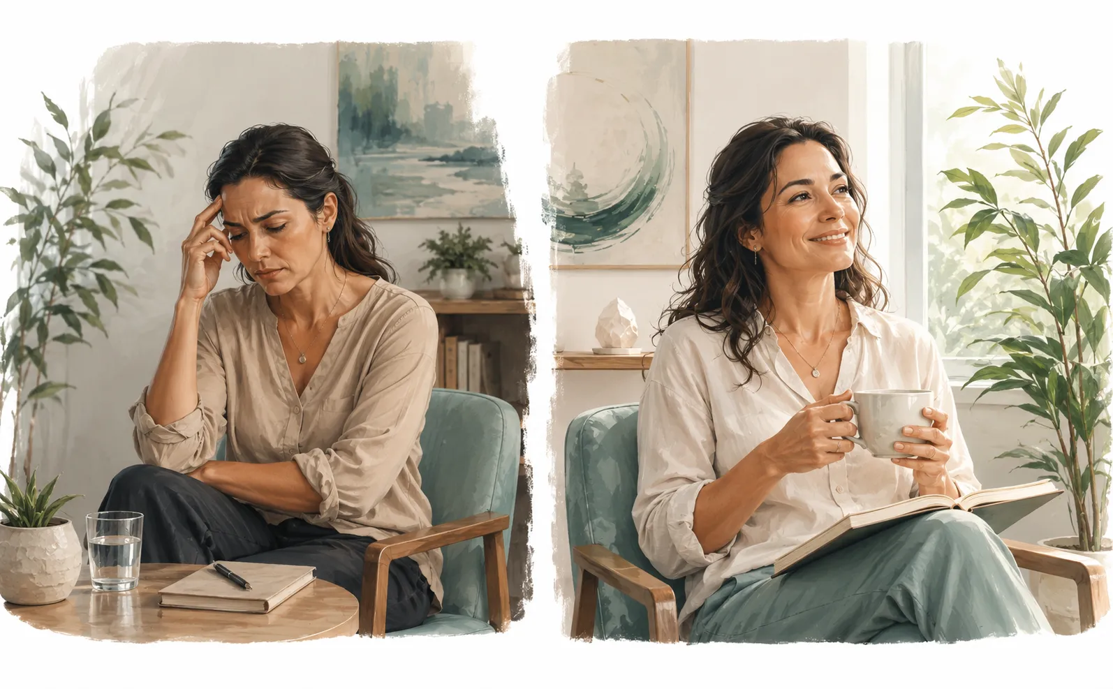 Two chairs in a quiet room, one empty and one with a folded blanket, suggesting a before and after moment