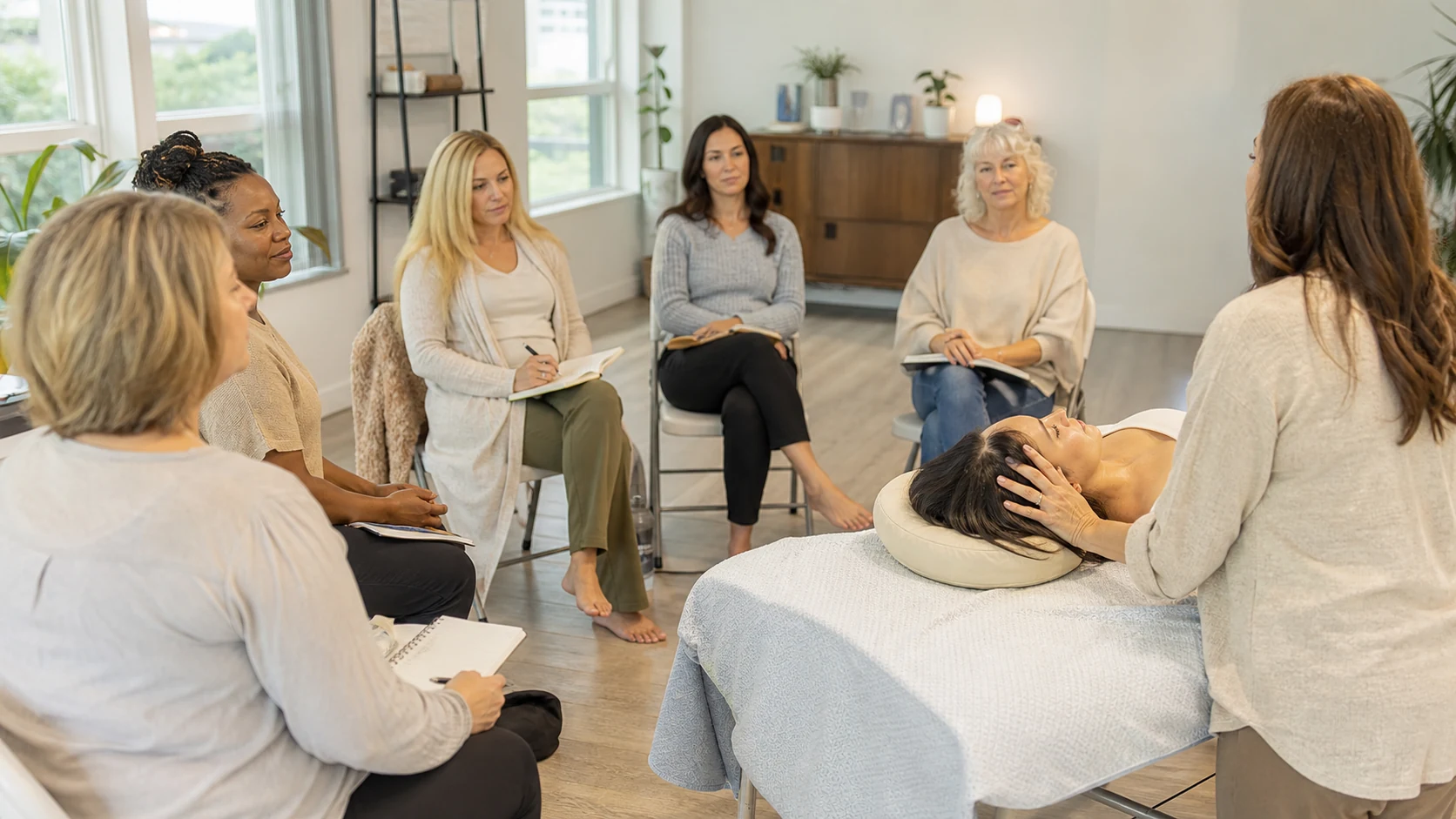 An Access Bars training class in session with participants practicing on each other