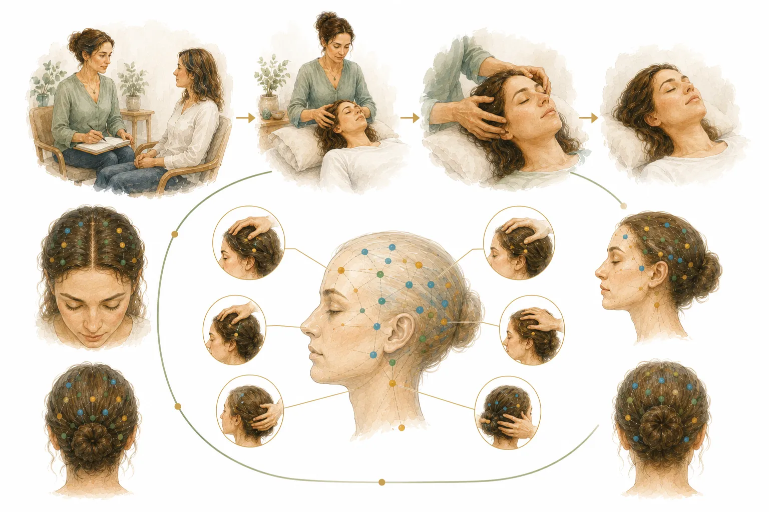 A detailed diagram of Access Bars points on a human head with names and meanings