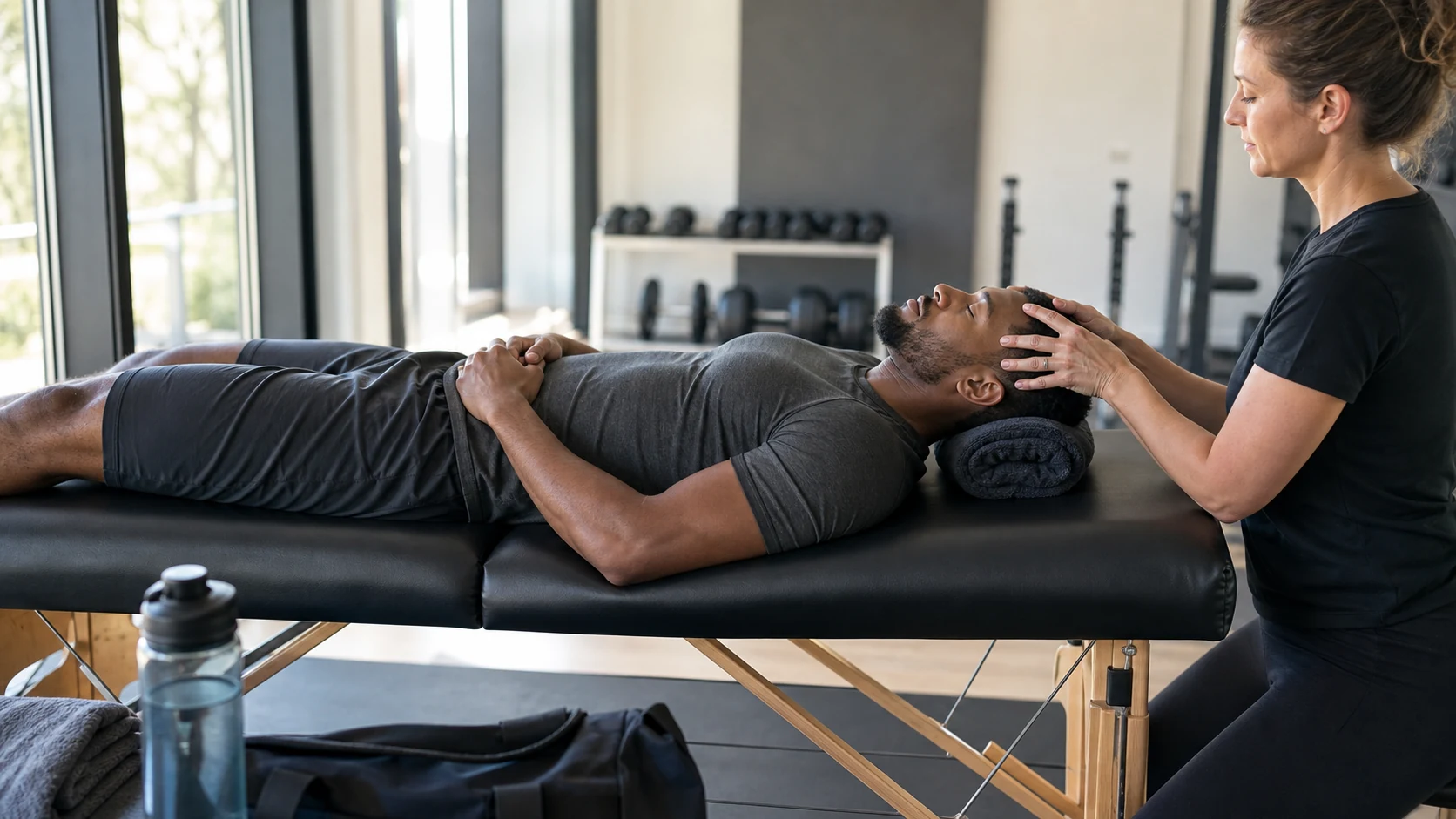 An athlete relaxing during an Access Bars session, representing mental recovery and stress relief