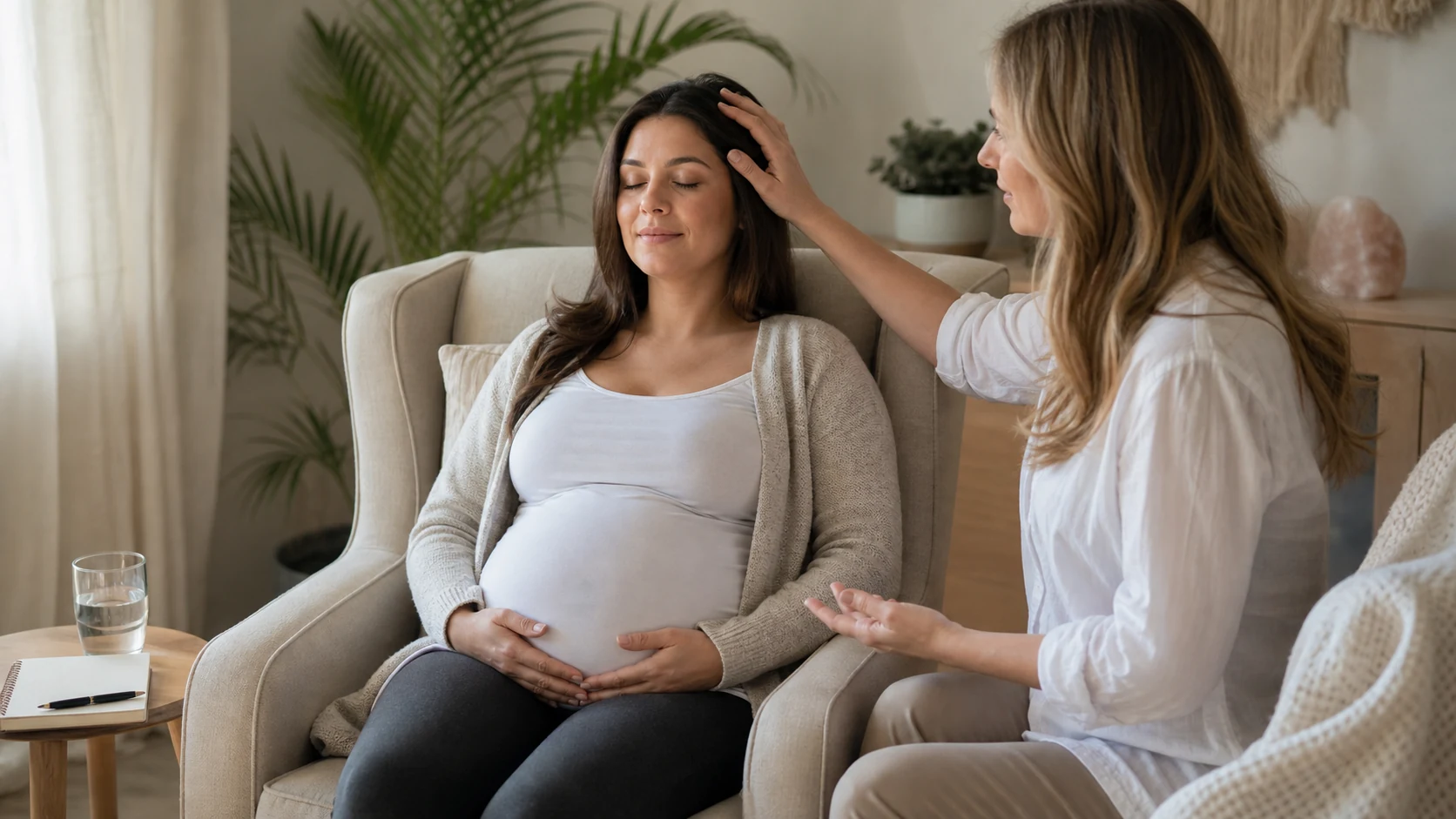 A pregnant person in a calm wellness setting, consulting with a professional