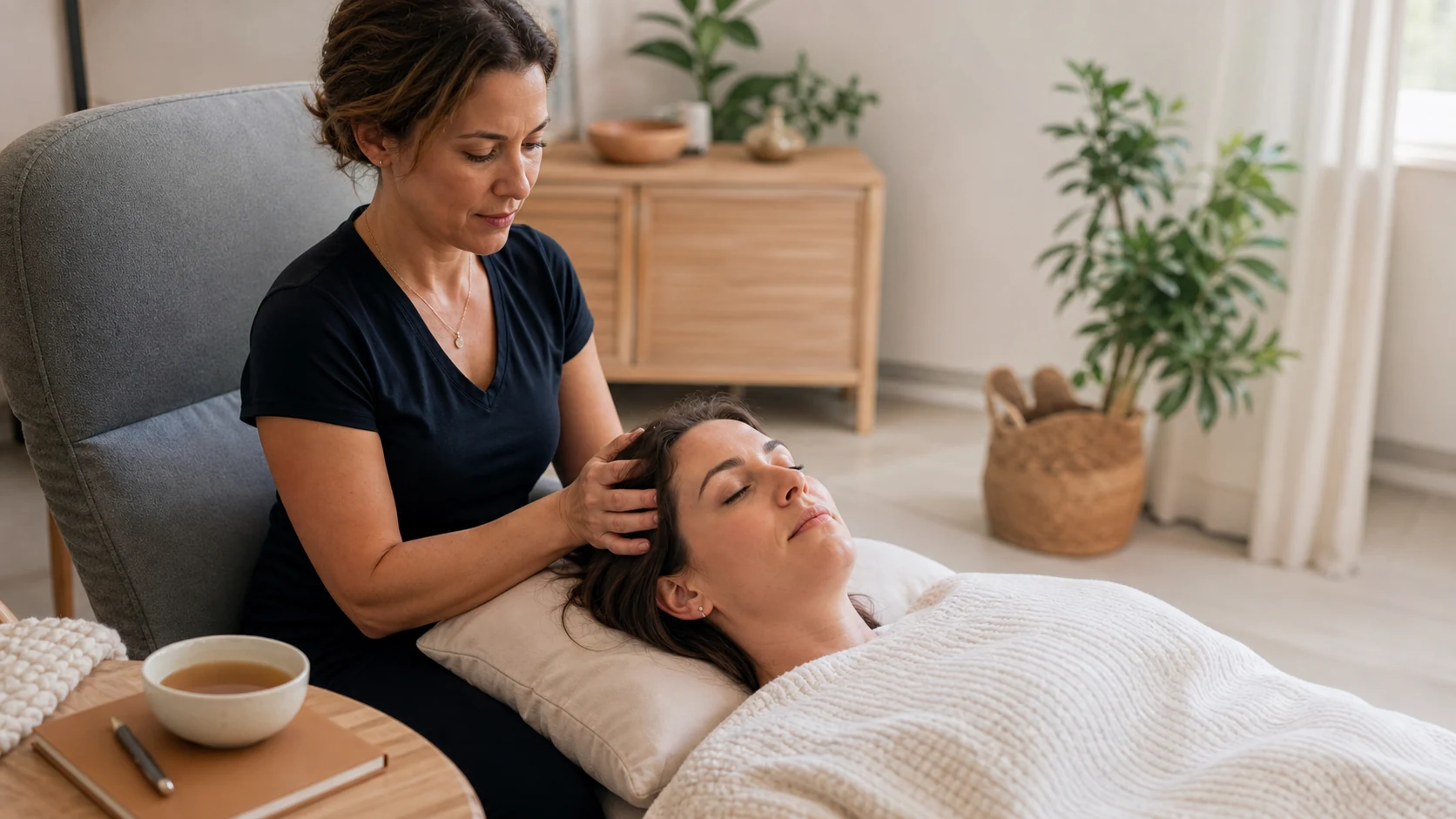 A person relaxing deeply during an Access Bars session, representing stress relief