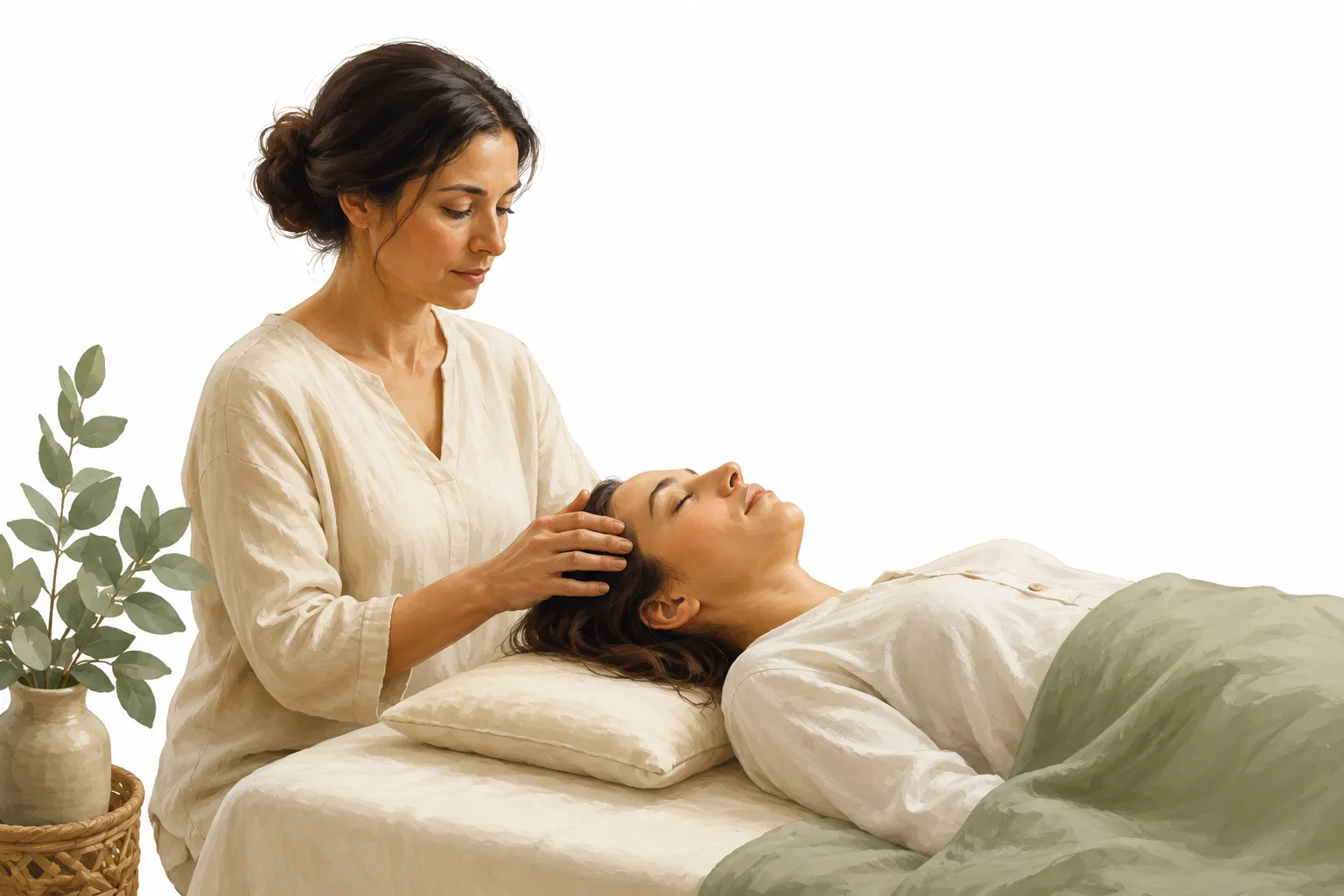 A person resting calmly on a treatment table while a practitioner lightly touches points on their head