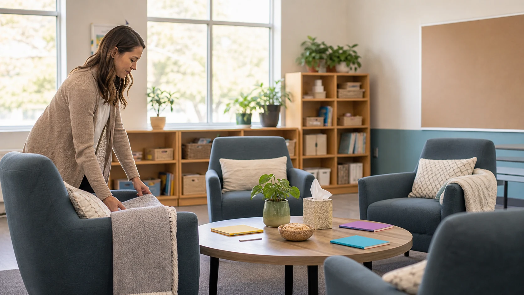 A student resting calmly in a quiet school wellness space