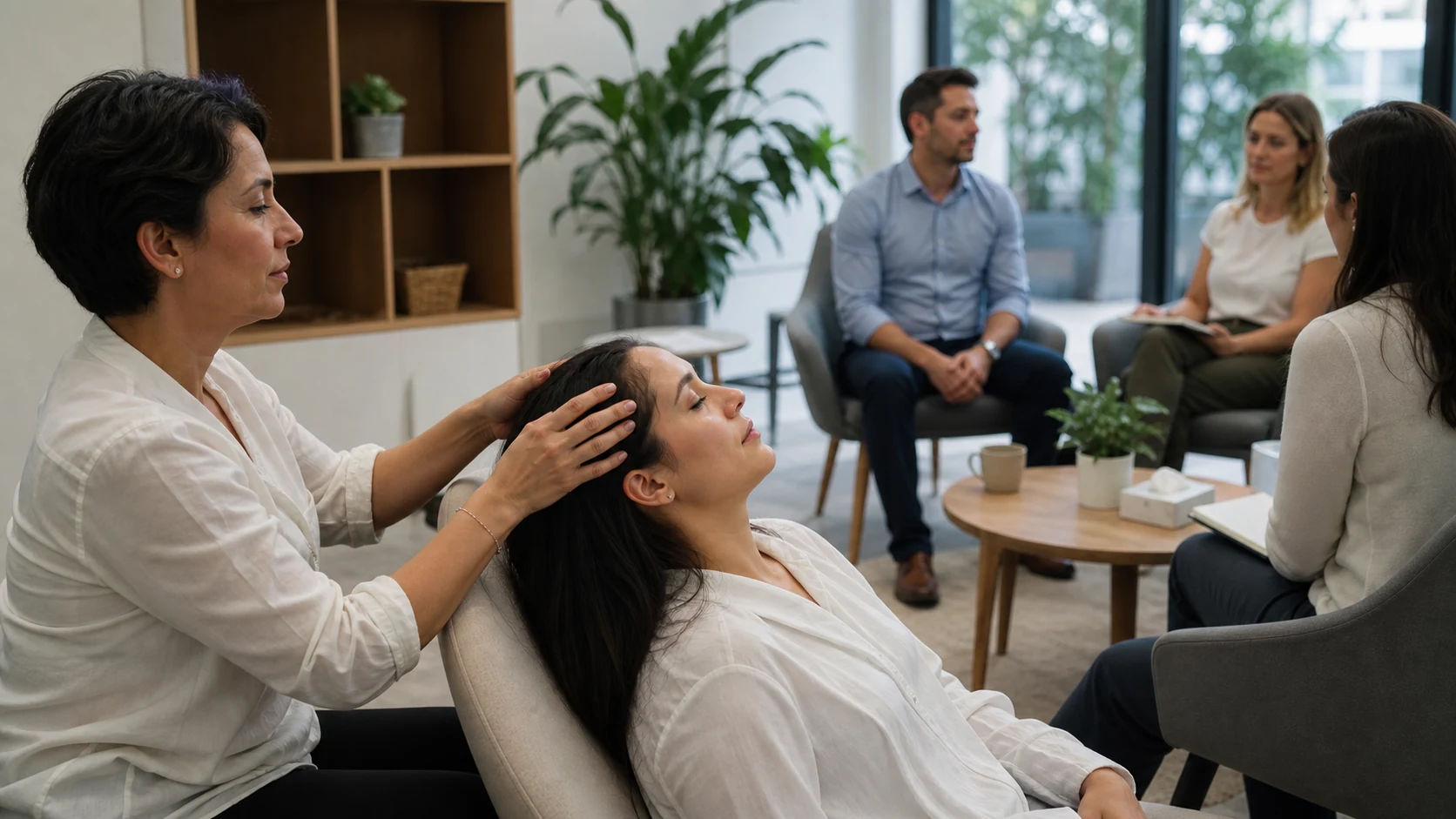 A person receiving gentle touch on the head in a calm office wellness room