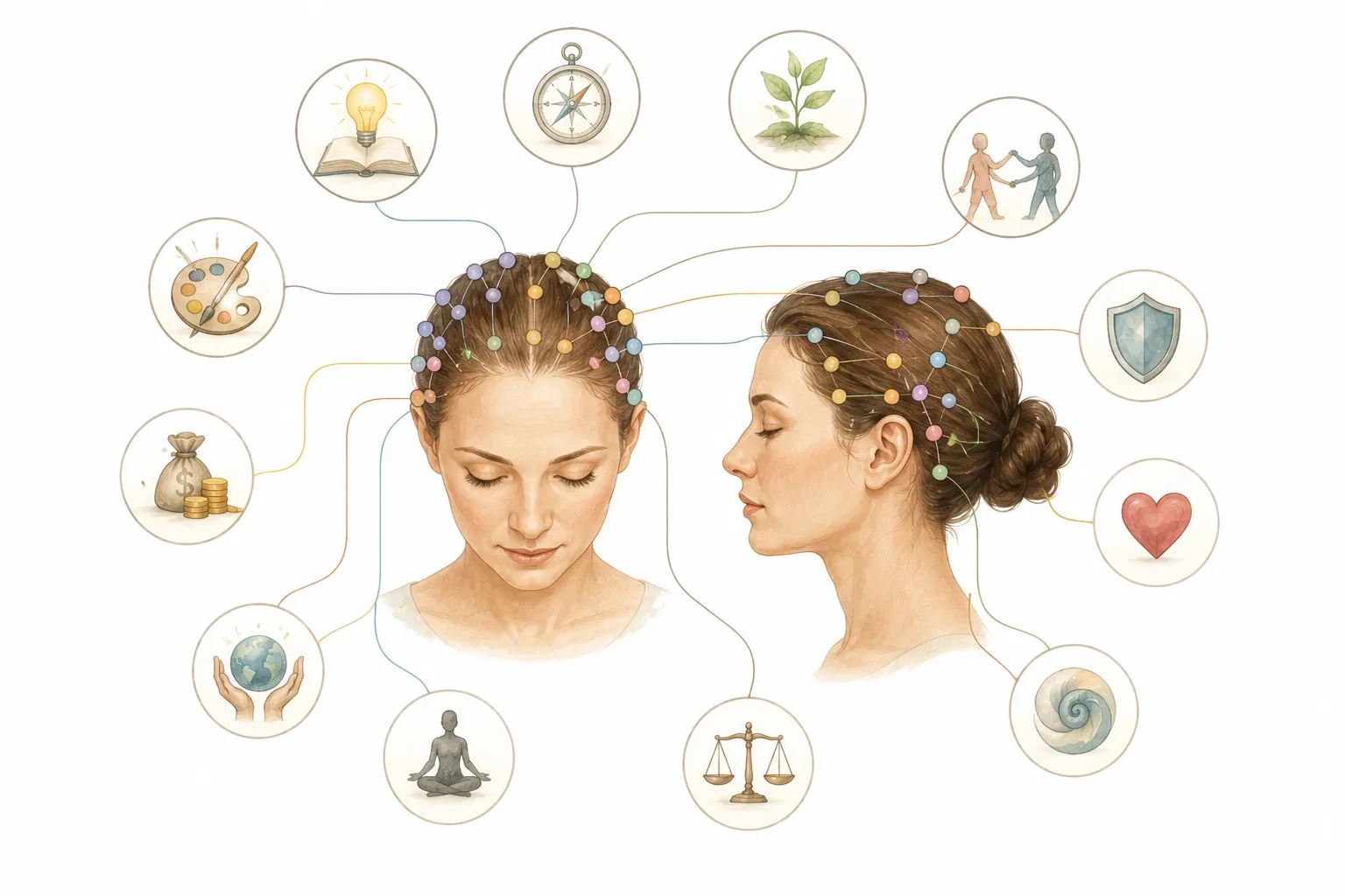 Educational illustration of a human head with Access Bars points and their meanings