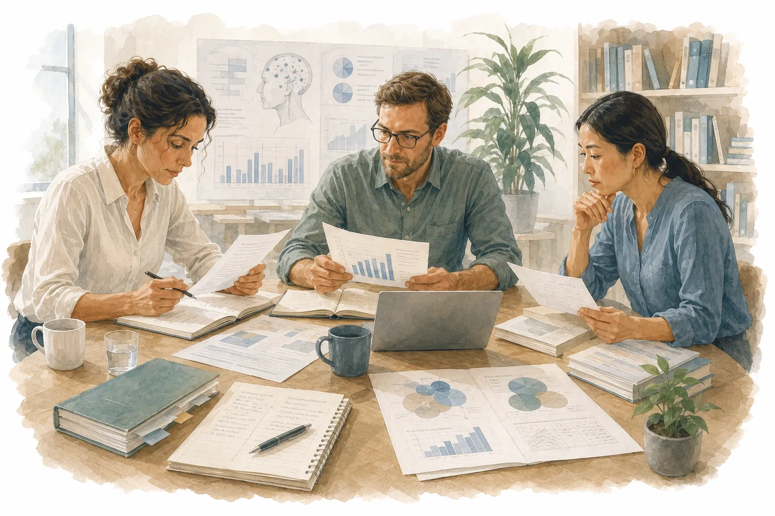 A researcher reviewing scientific papers and data about Access Bars