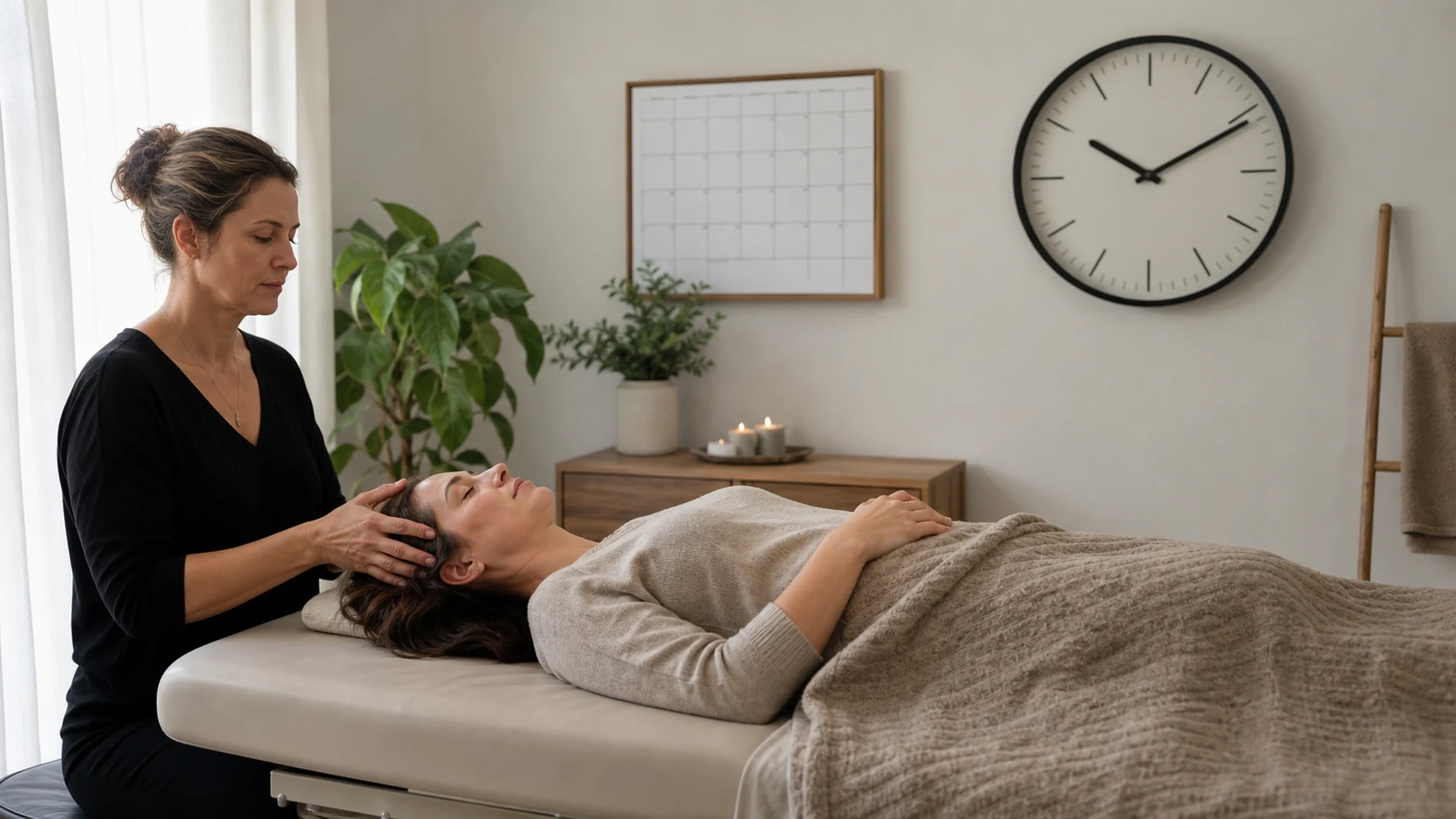 A clock on the wall of a calm treatment room where a session is taking place
