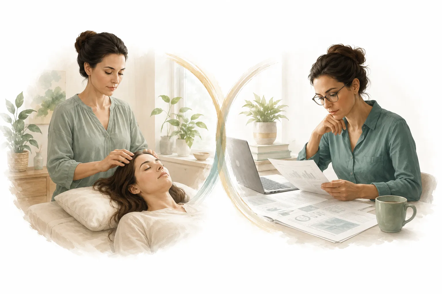 A person receiving a light-touch head session in a calm treatment room