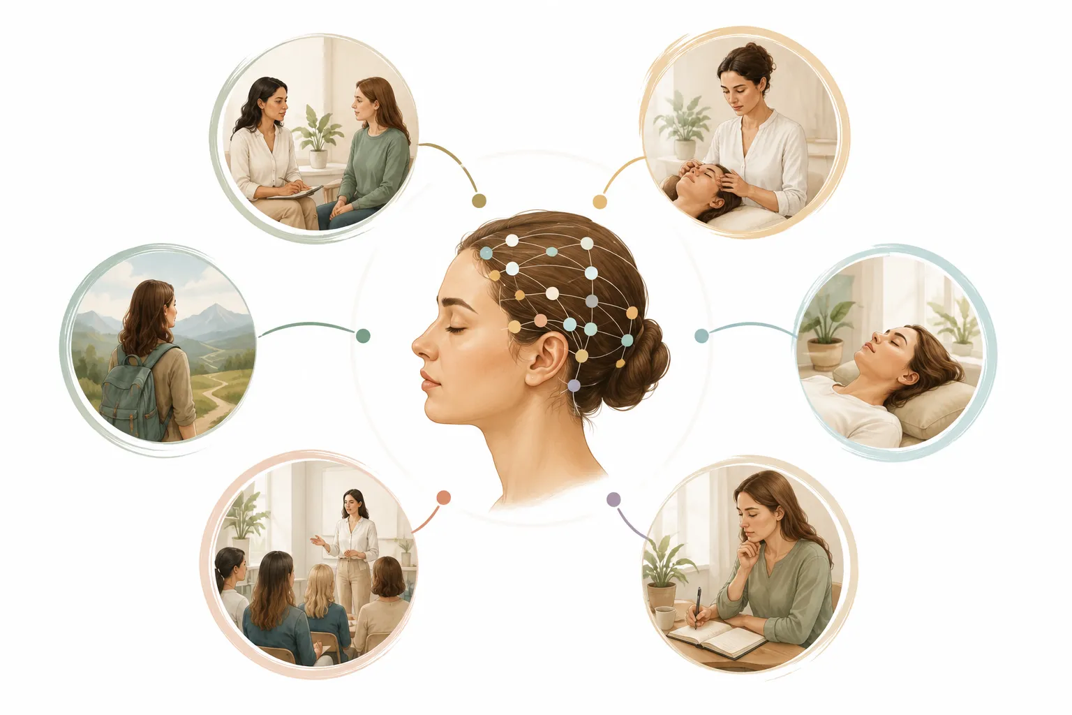 Neutral illustration of a human head with Access Consciousness Bars points