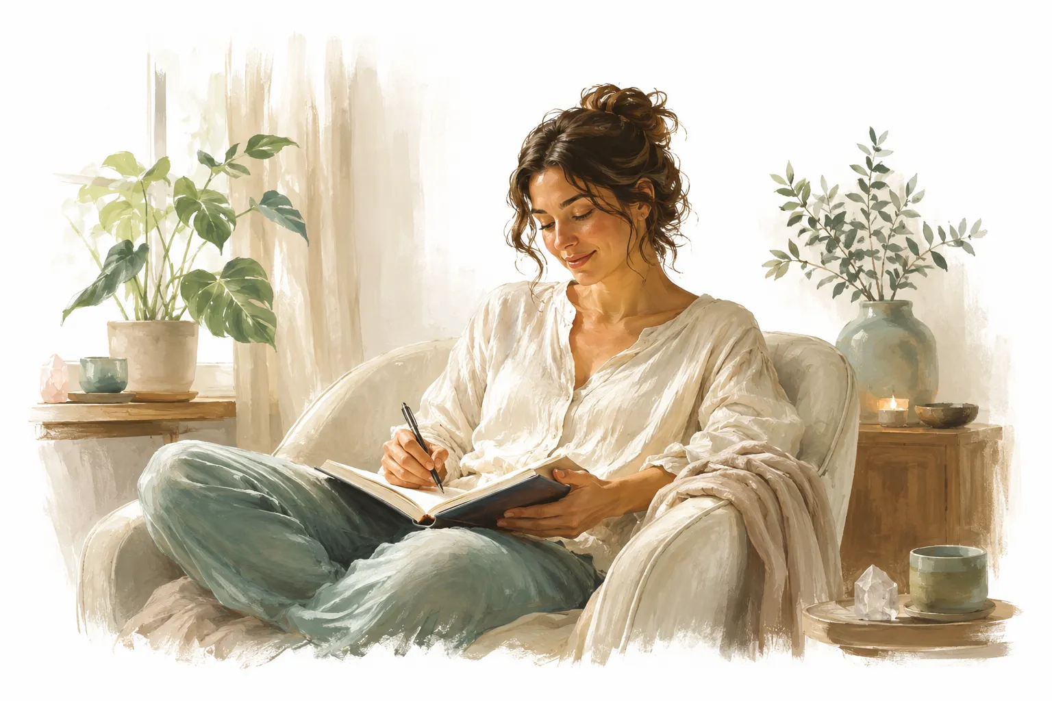 A person looking peaceful and reflective after a wellness session