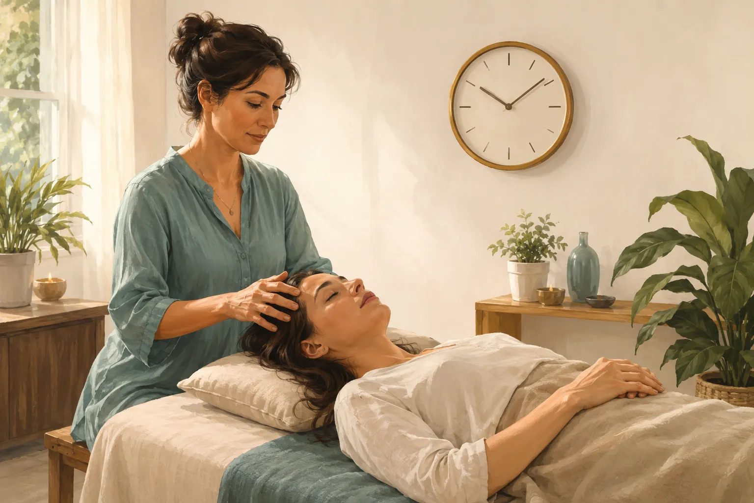 Clock or timer in a calm wellness setting, symbolizing the duration of an Access Bars session