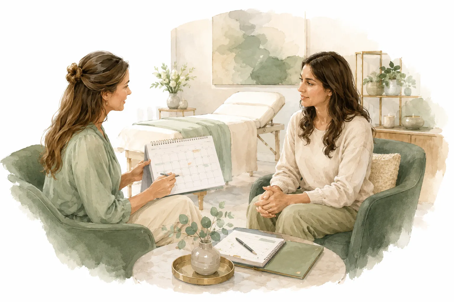 A calendar and a treatment table suggesting scheduled wellness sessions over time