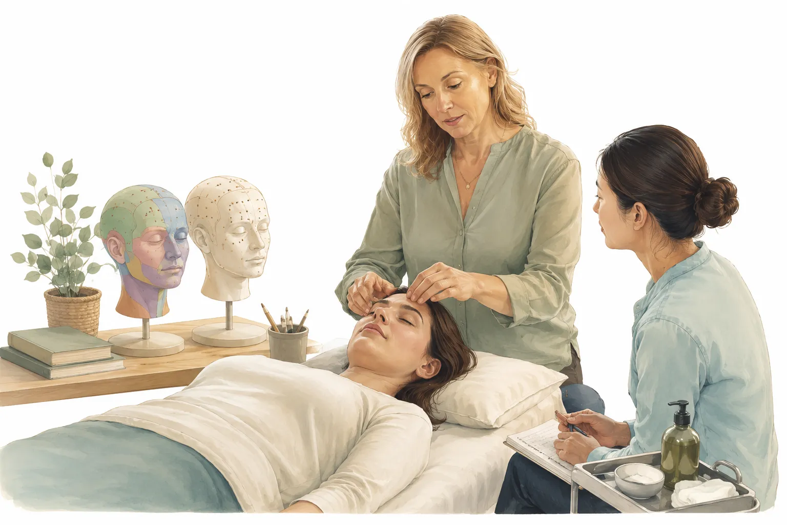 Two people practicing Access Bars technique, one gently touching points on the other's head