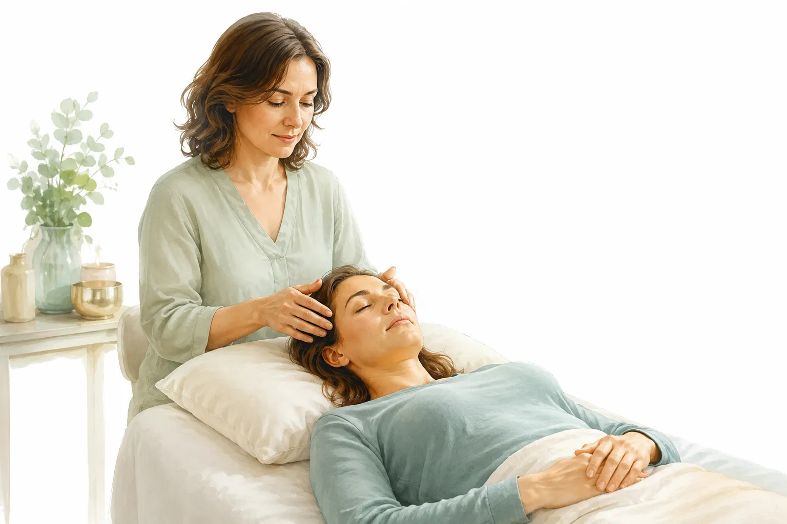 A practitioner using light fingertip touch on a recipient's head during an Access Bars session