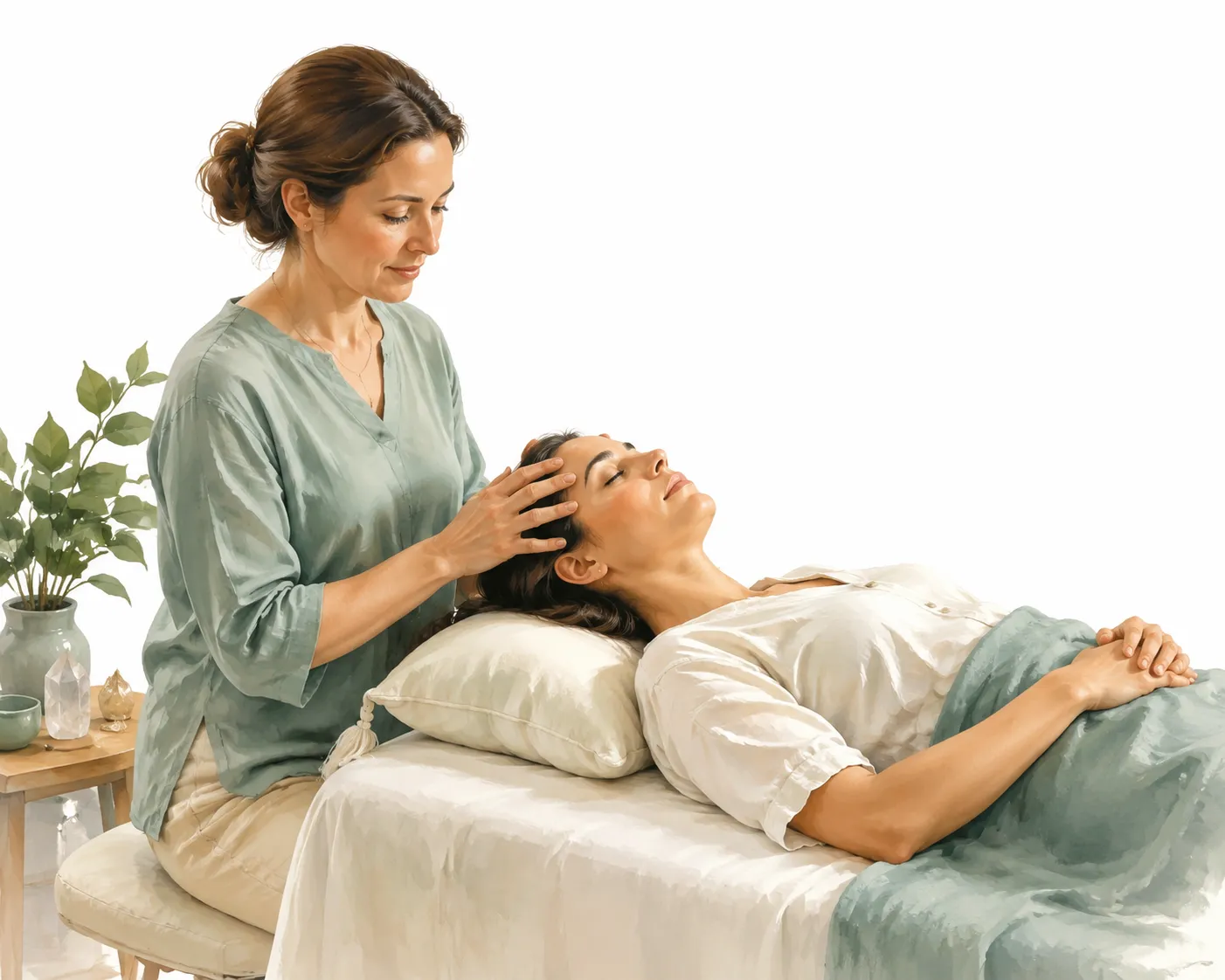 A practitioner demonstrating Access Bars hand placement on a recipient's head during a session