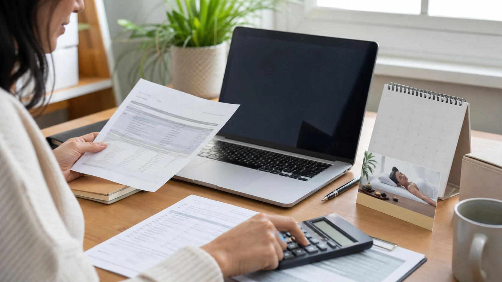 An insurance claim form and a medical card on a desk next to a wellness treatment space