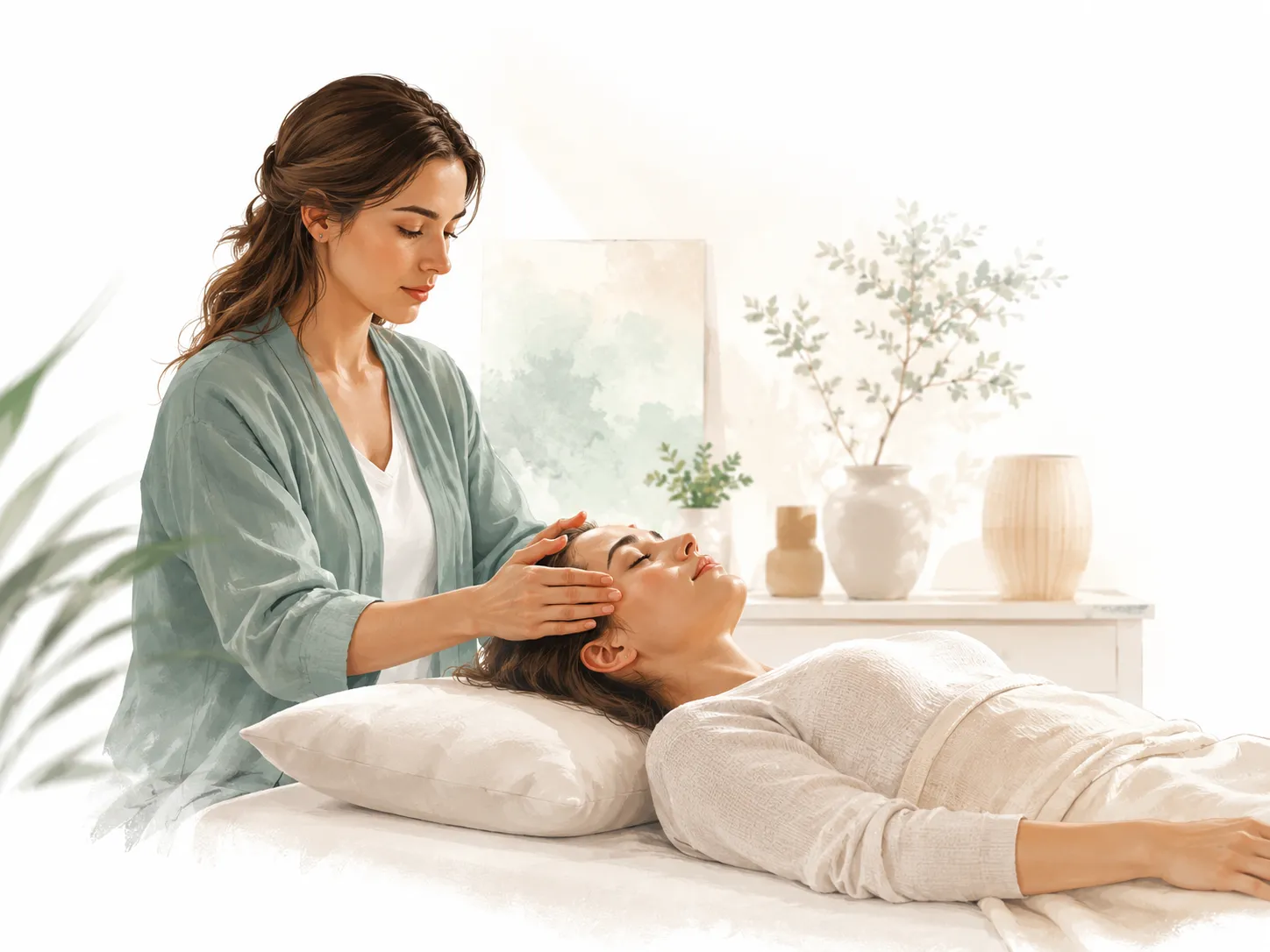 A practitioner's hands hovering gently near a client's head in a calm wellness setting