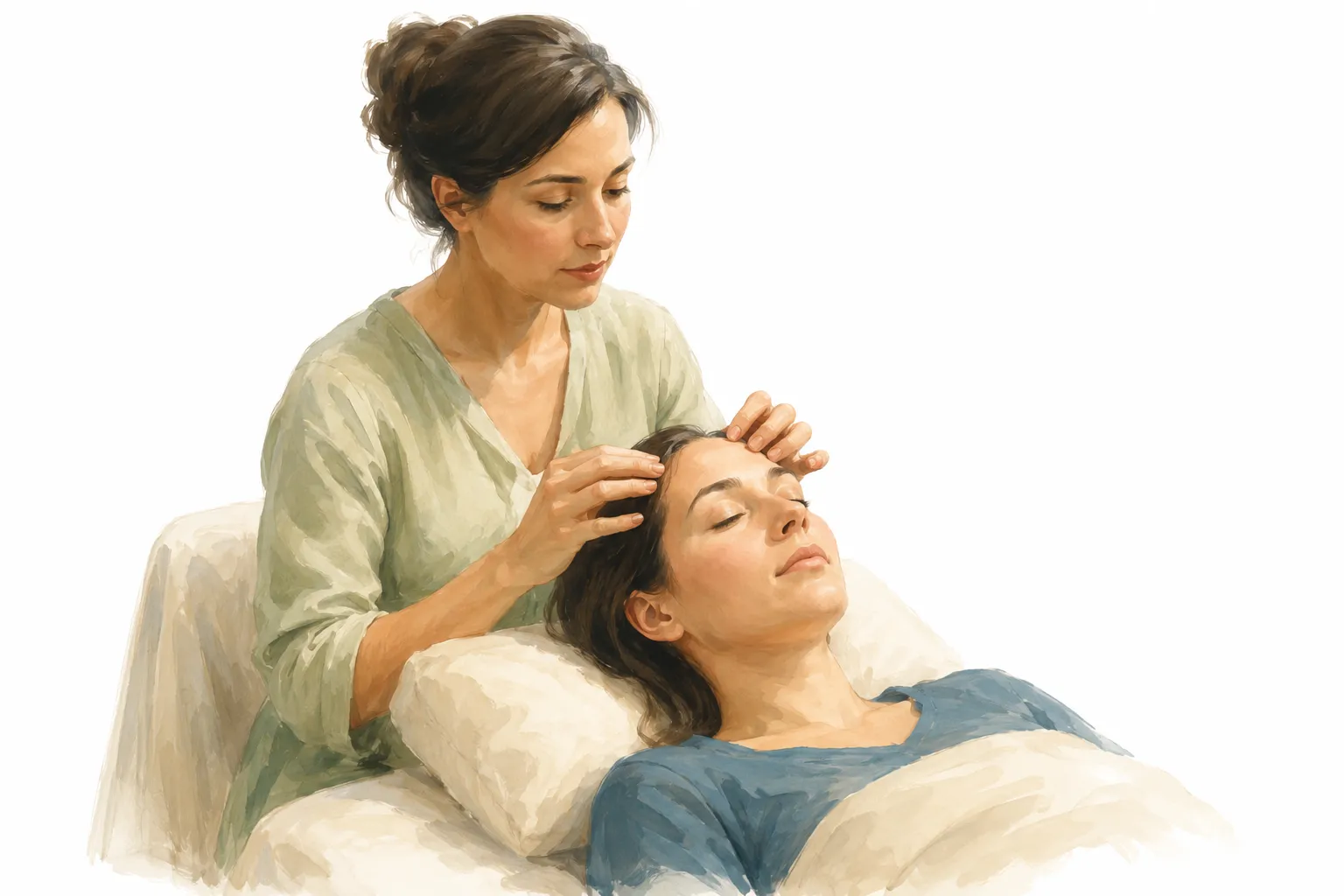 A practitioner gently touching a point on the head associated with the Peace Bar