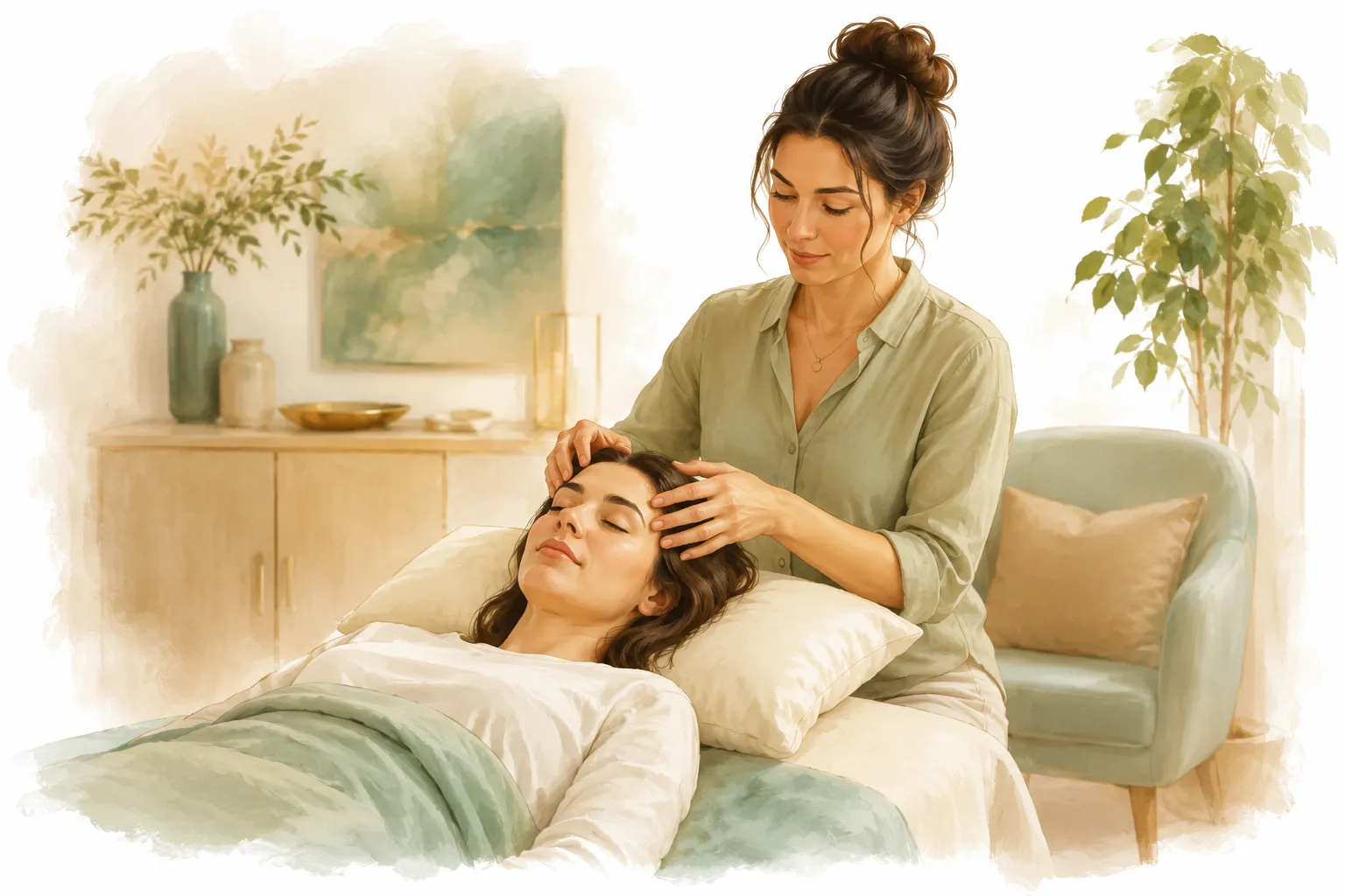 A calm wellness setting with a person receiving Access Bars