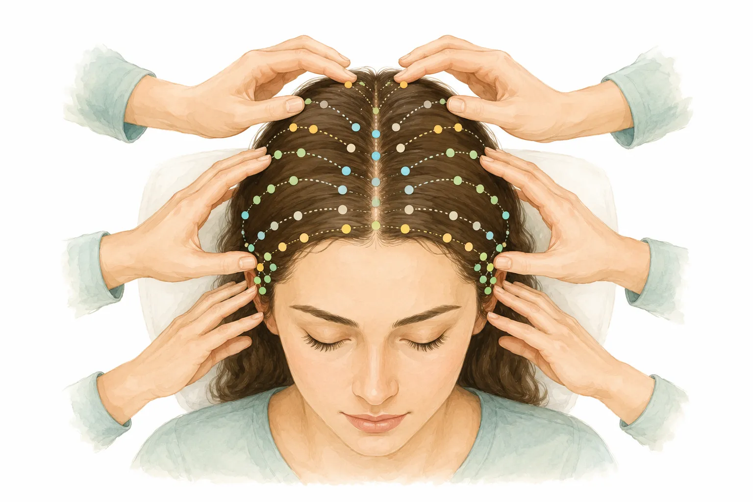 Detailed diagram showing the 32 Access Bars point locations on the human head
