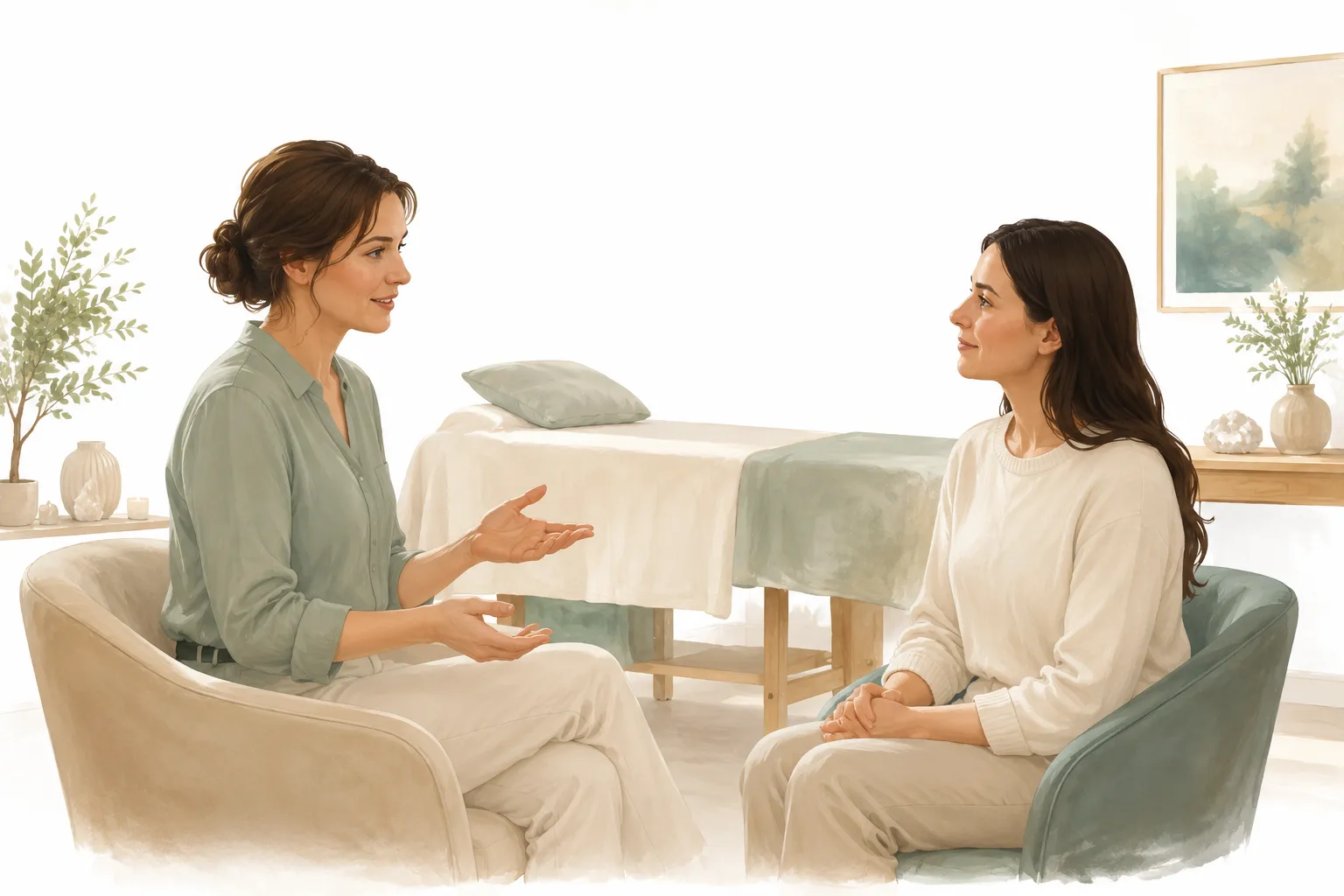 A person resting comfortably after a wellness session, looking peaceful but slightly tired