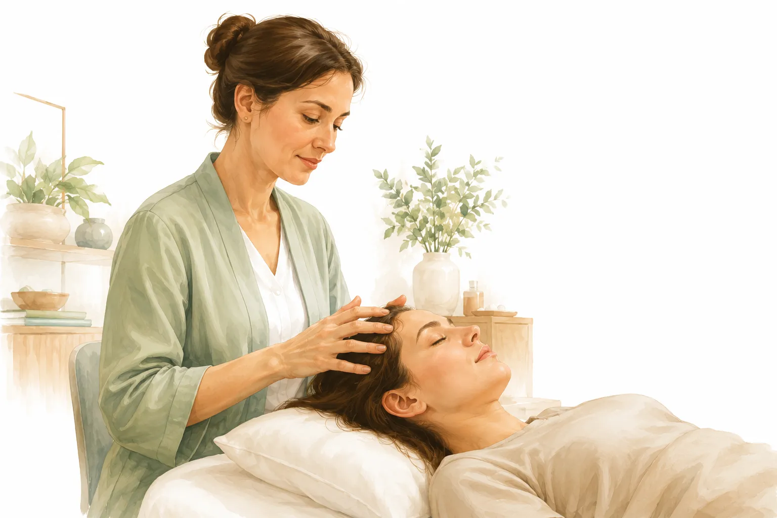 A person receiving light touch on the head during an Access Bars session in a calm setting
