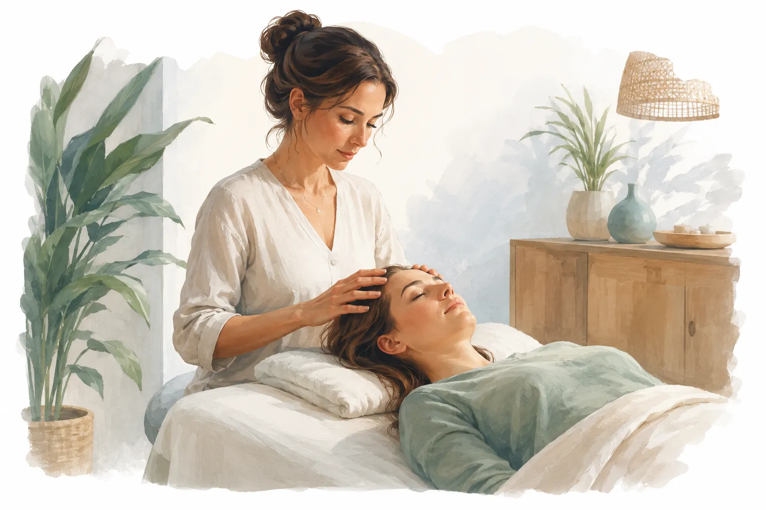 A person receiving an Access Bars session in a calm wellness setting