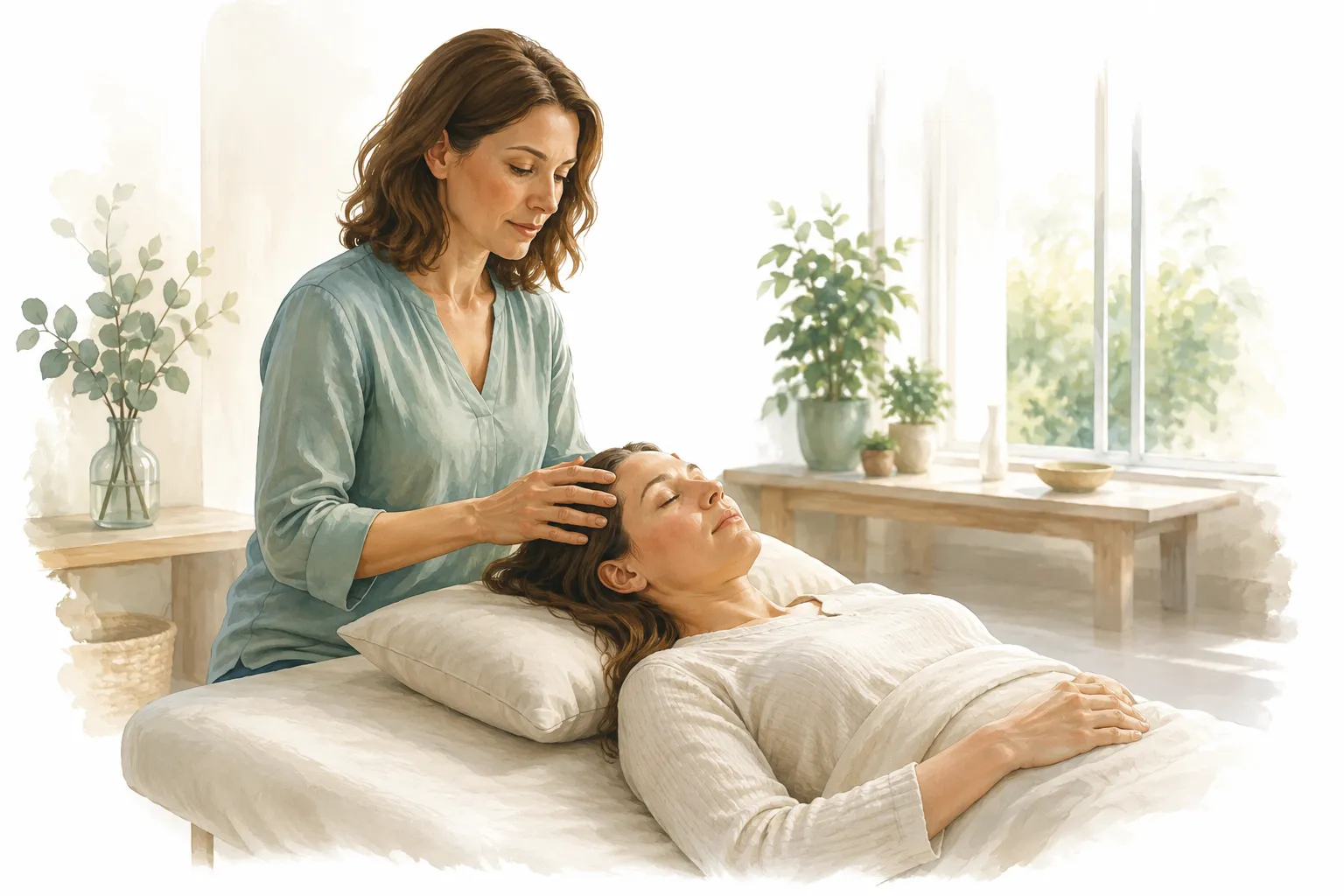A neat, quiet wellness treatment room prepared for a client