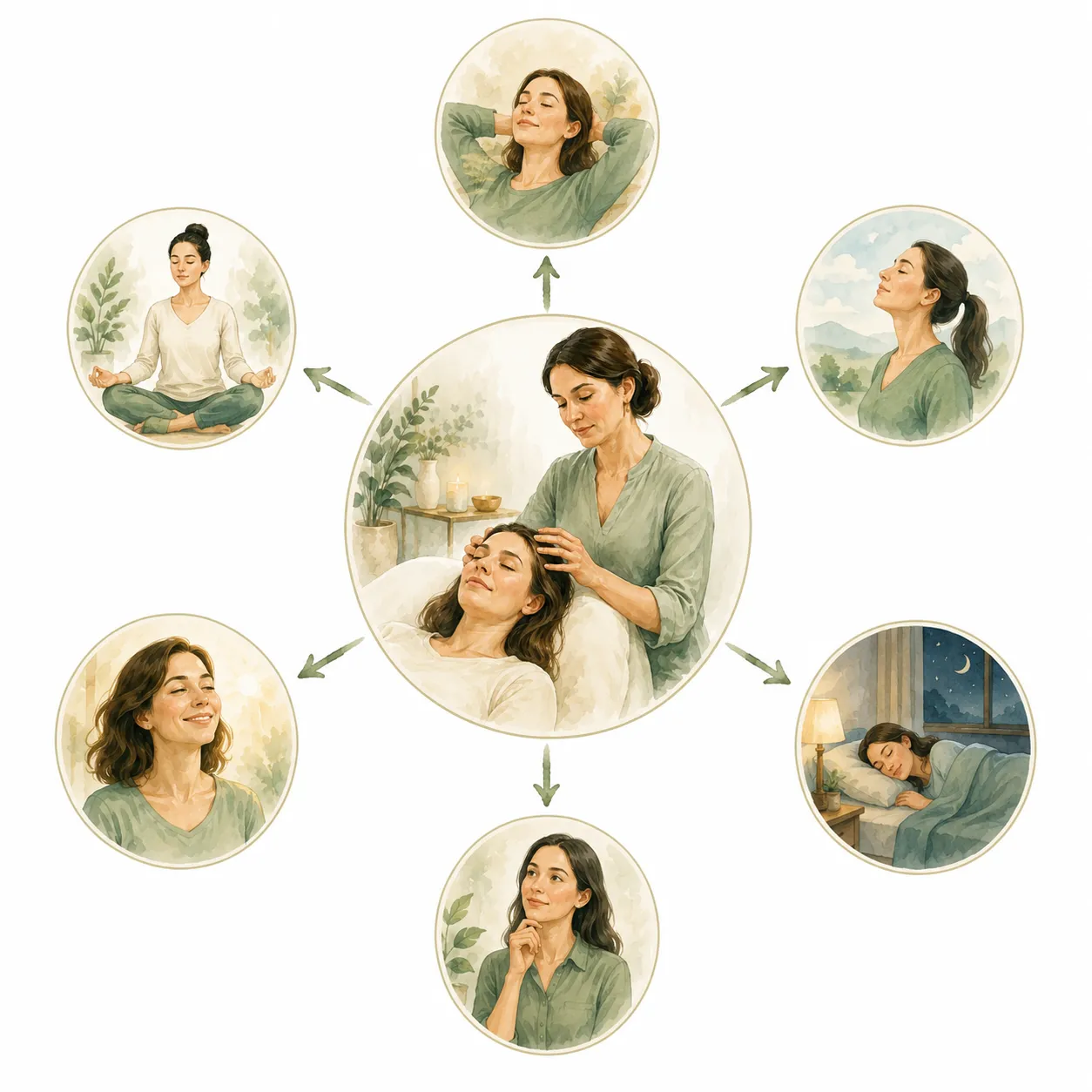 Diagram showing Access Bars benefits: relaxation, mental clarity, stress reduction, emotional release