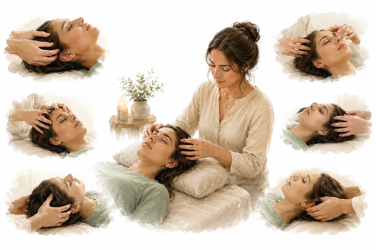 Close-up of a practitioner's hands gently resting on points on a client's head