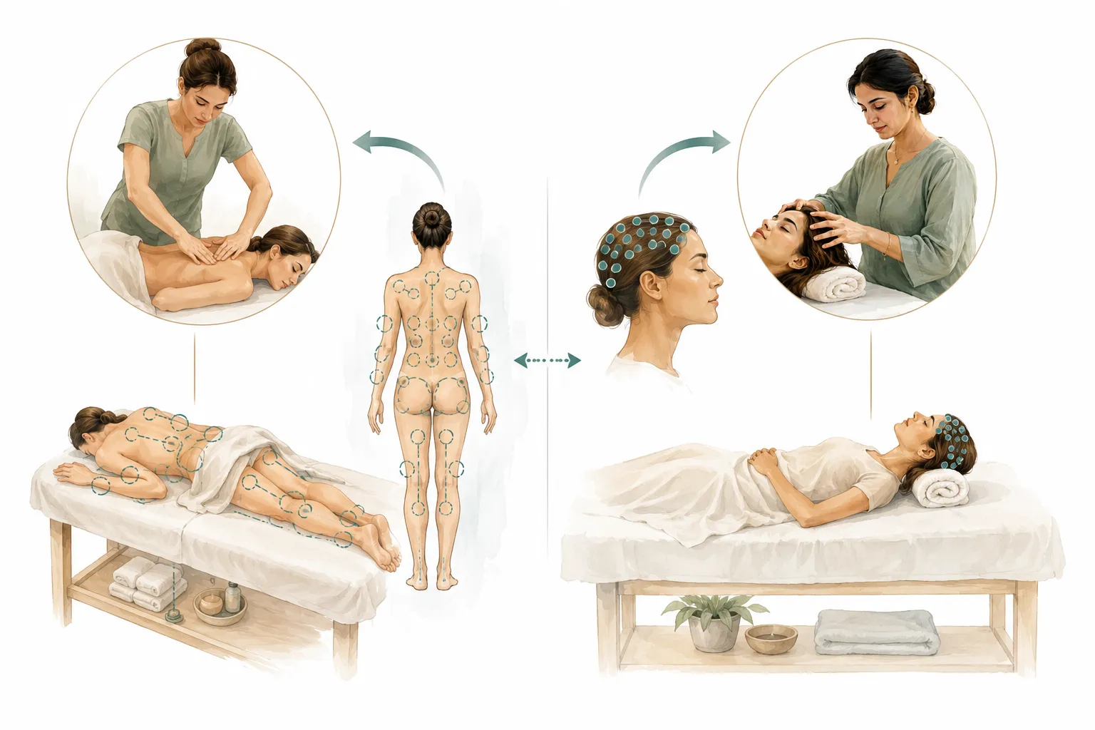 Comparison diagram showing Access Bars light touch versus traditional massage pressure