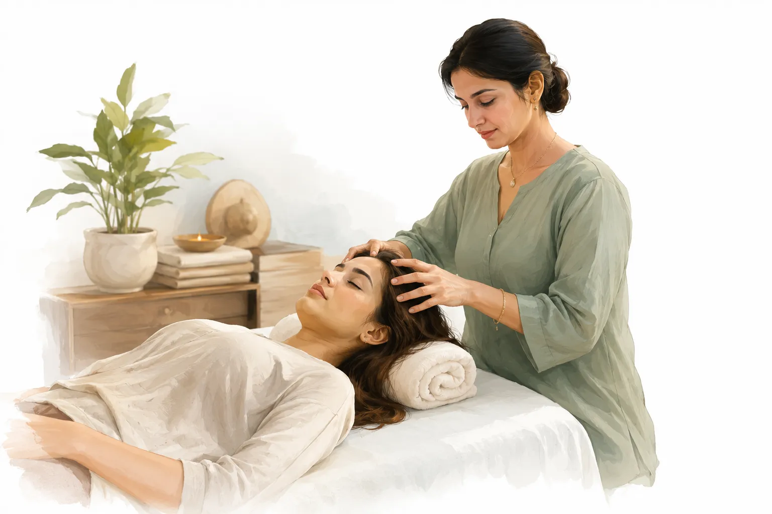 A practitioner gently touching points on a person's head during an Access Bars session