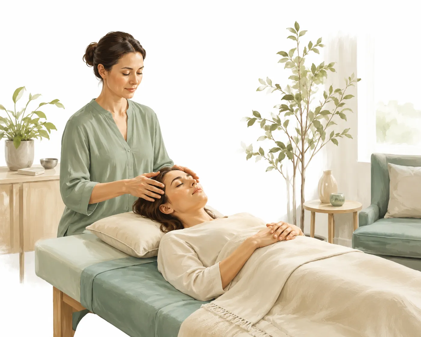 A calm therapy-style room with a person resting during an Access Bars session