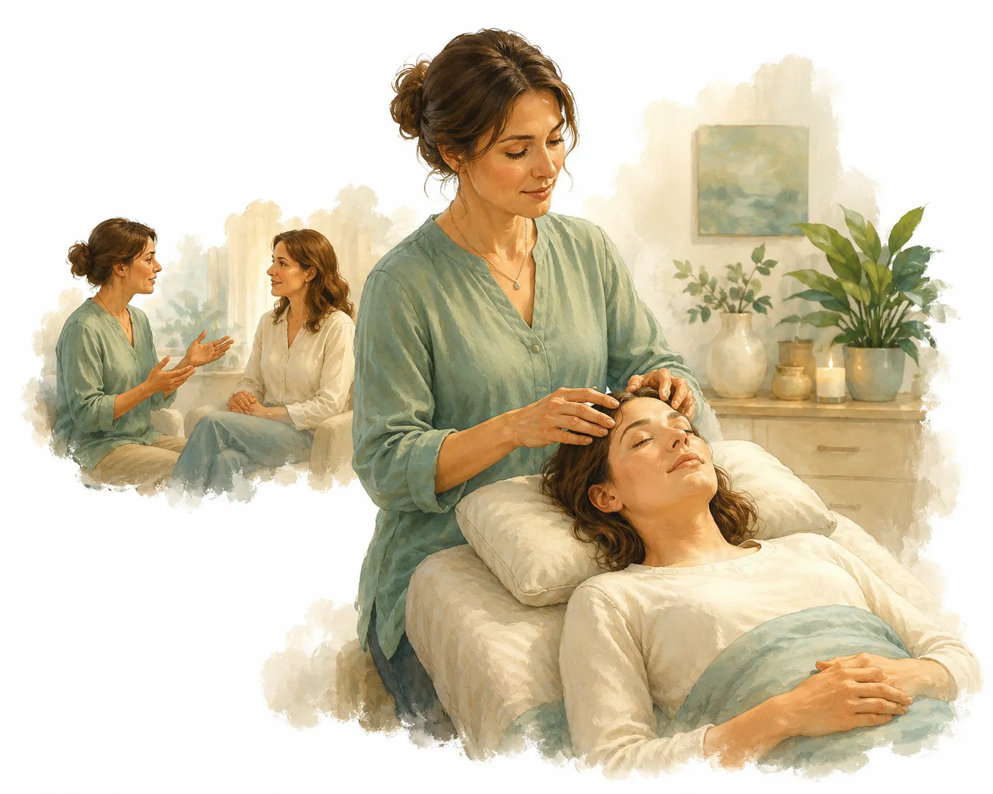 A treatment room set up for a light-touch wellness session with a padded table and soft lighting